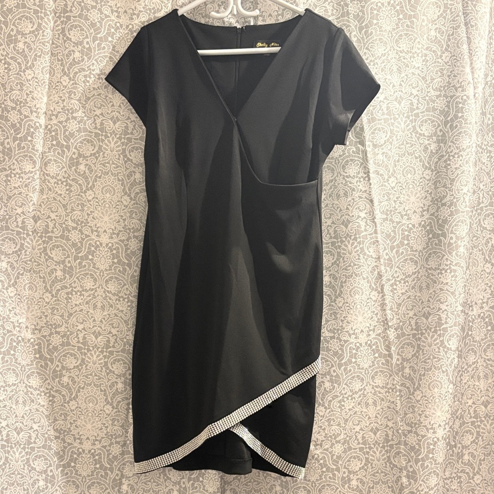 Chic Asymmetrical Black Dress with Silver Trim